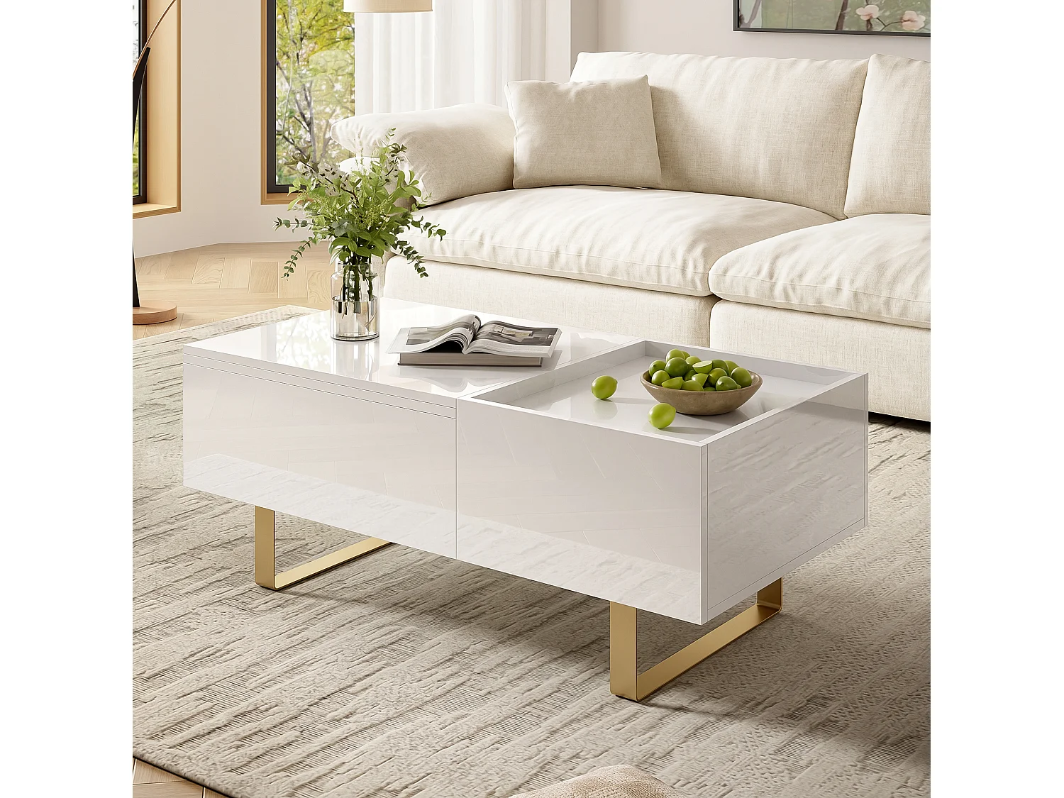Table basse relevable avec rangement intégré, 1 tiroir et plateau réglable en hauteur - MDF - 100 x 50 x 54,5 cm - Blanc