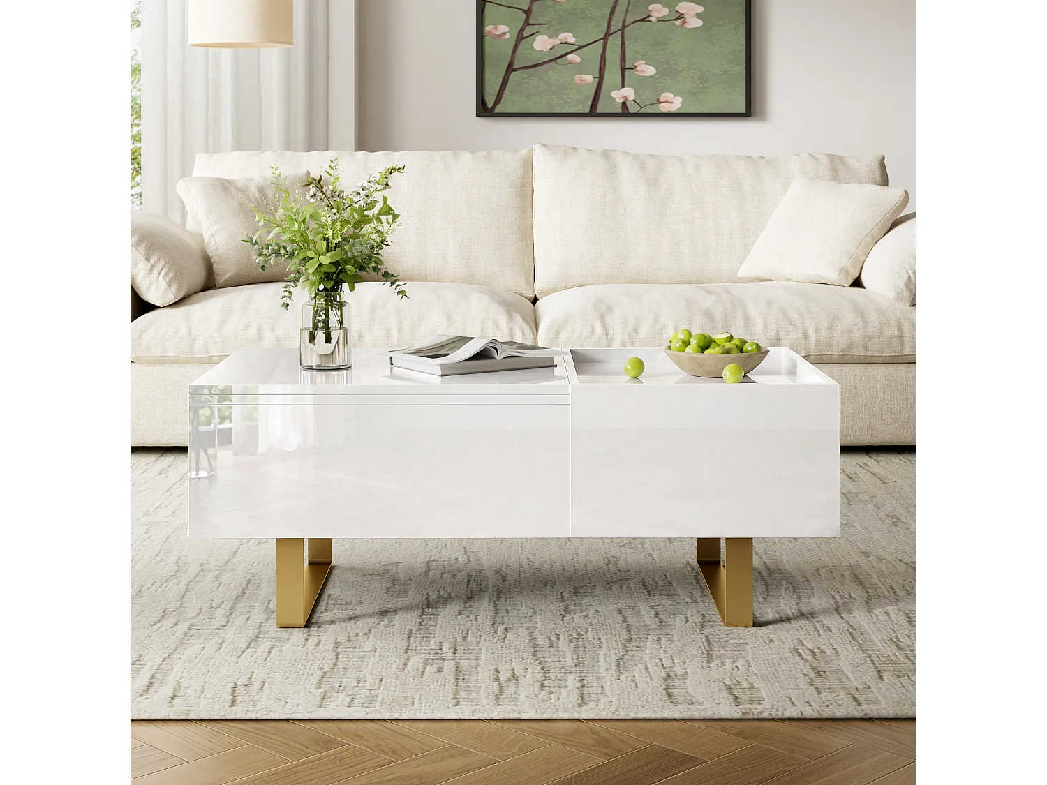 Table basse relevable avec rangement intégré, 1 tiroir et plateau réglable en hauteur - MDF - 100 x 50 x 54,5 cm - Blanc