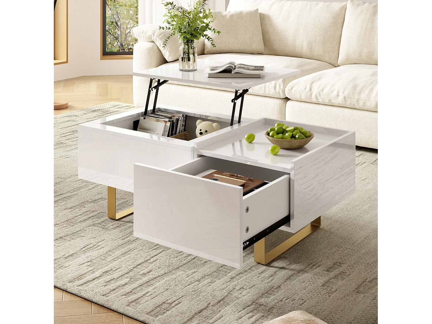 Table basse relevable avec rangement intégré, 1 tiroir et plateau réglable en hauteur - MDF - 100 x 50 x 54,5 cm - Blanc