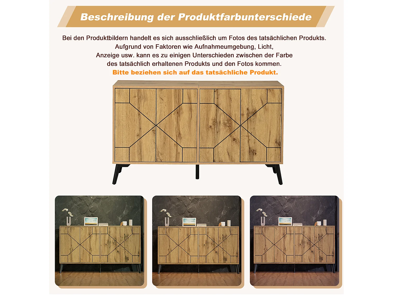 4-door sideboard with wavy pattern and 4 storage compartments - MDF and metal - 120 × 35 × 69 cm - Wood