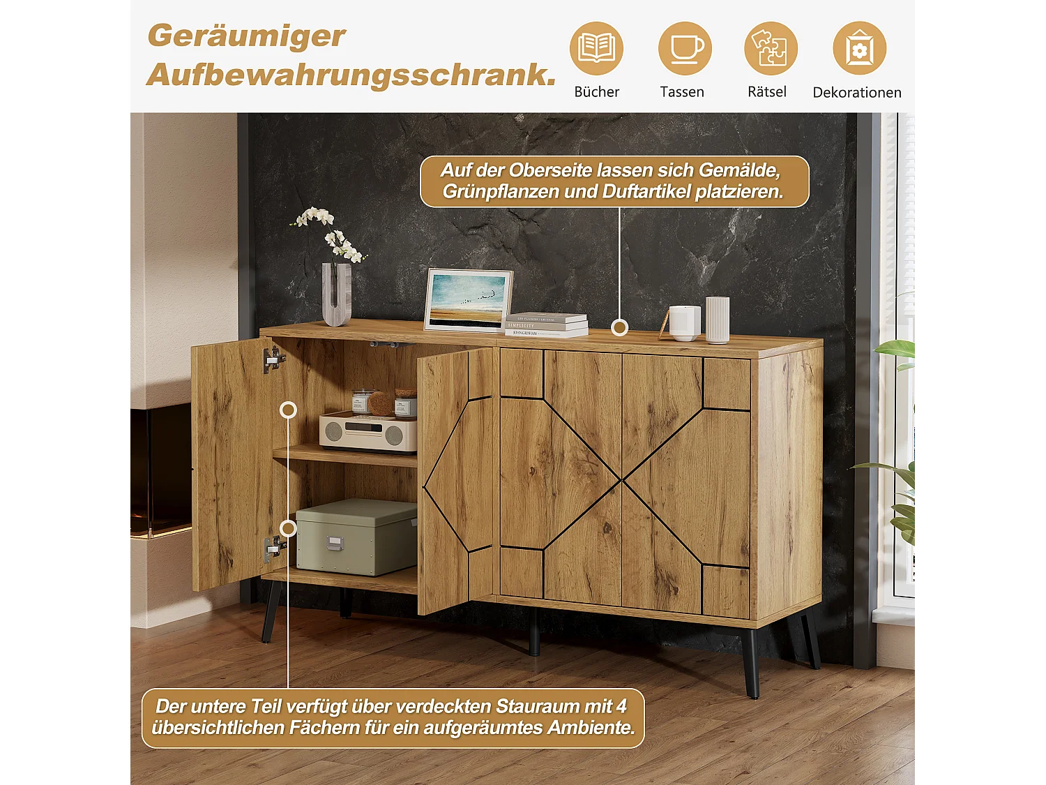 4-door sideboard with wavy pattern and 4 storage compartments - MDF and metal - 120 × 35 × 69 cm - Wood