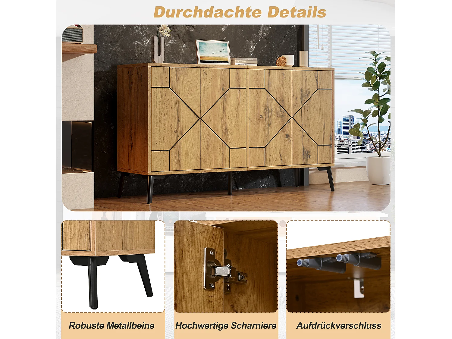 4-door sideboard with wavy pattern and 4 storage compartments - MDF and metal - 120 × 35 × 69 cm - Wood