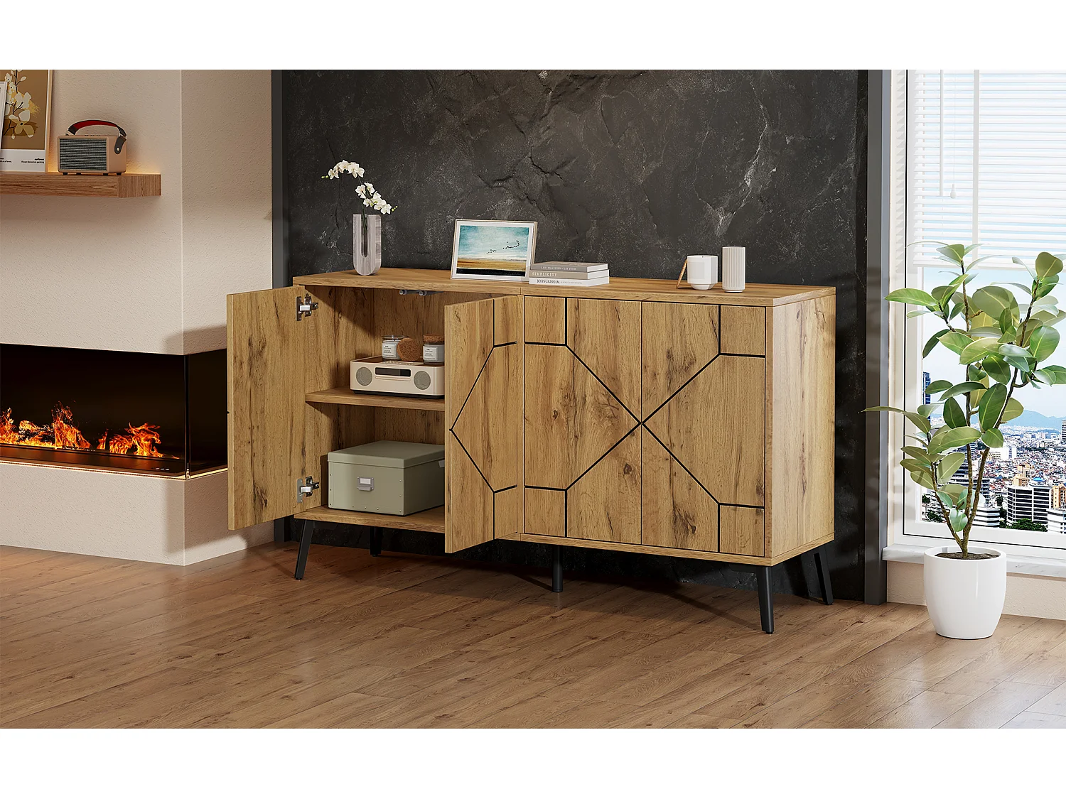 4-door sideboard with wavy pattern and 4 storage compartments - MDF and metal - 120 × 35 × 69 cm - Wood