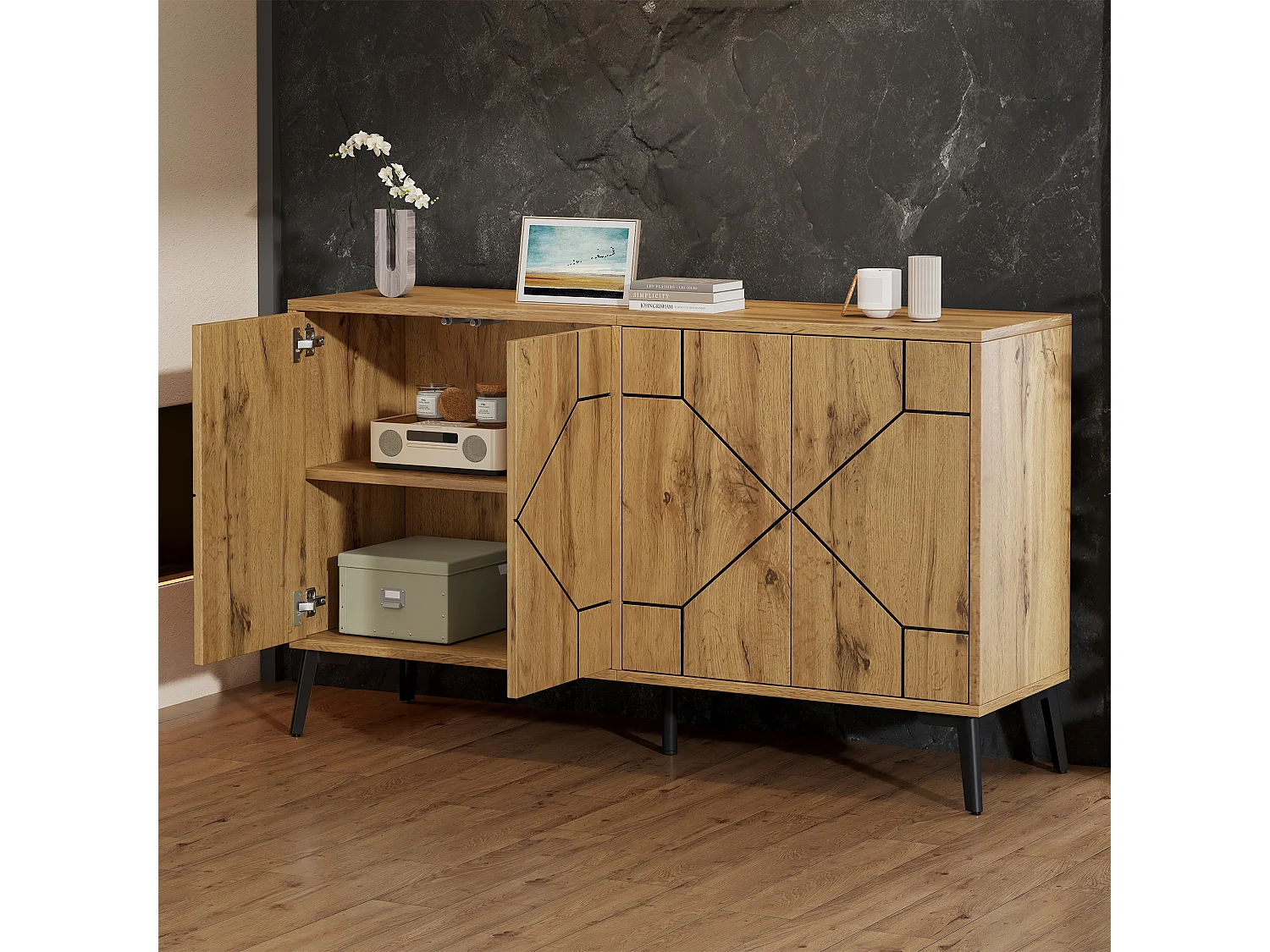 4-door sideboard with wavy pattern and 4 storage compartments - MDF and metal - 120 × 35 × 69 cm - Wood