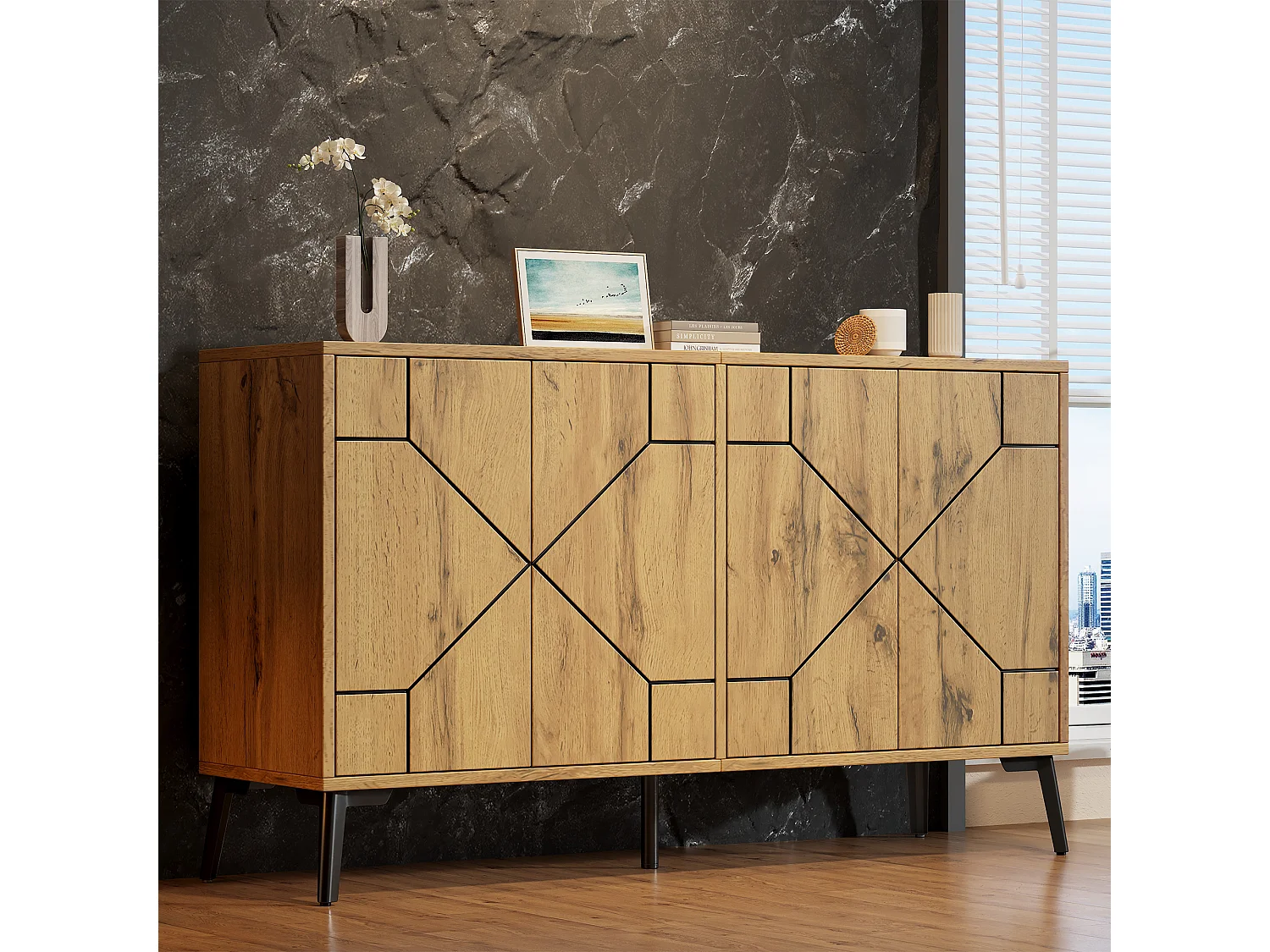 4-door sideboard with wavy pattern and 4 storage compartments - MDF and metal - 120 × 35 × 69 cm - Wood