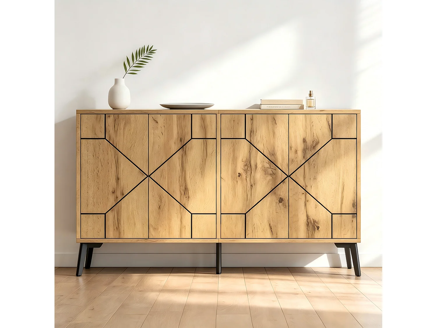 4-door sideboard with wavy pattern and 4 storage compartments - MDF and metal - 120 × 35 × 69 cm - Wood
