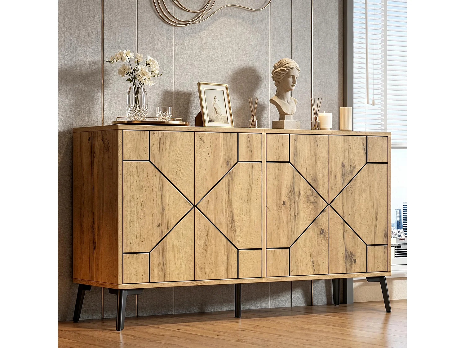 4-door sideboard with wavy pattern and 4 storage compartments - MDF and metal - 120 × 35 × 69 cm - Wood