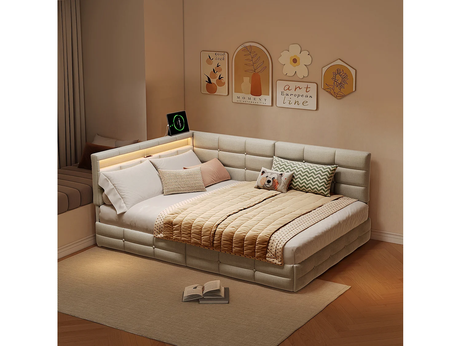 Canapé Lit Coffre 140 x 190 cm - Lit Double avec Éclairage LED, Port USB Type-C et 2 Tiroirs, Tête de Lit avec Rangement Intégré, Lin Beige