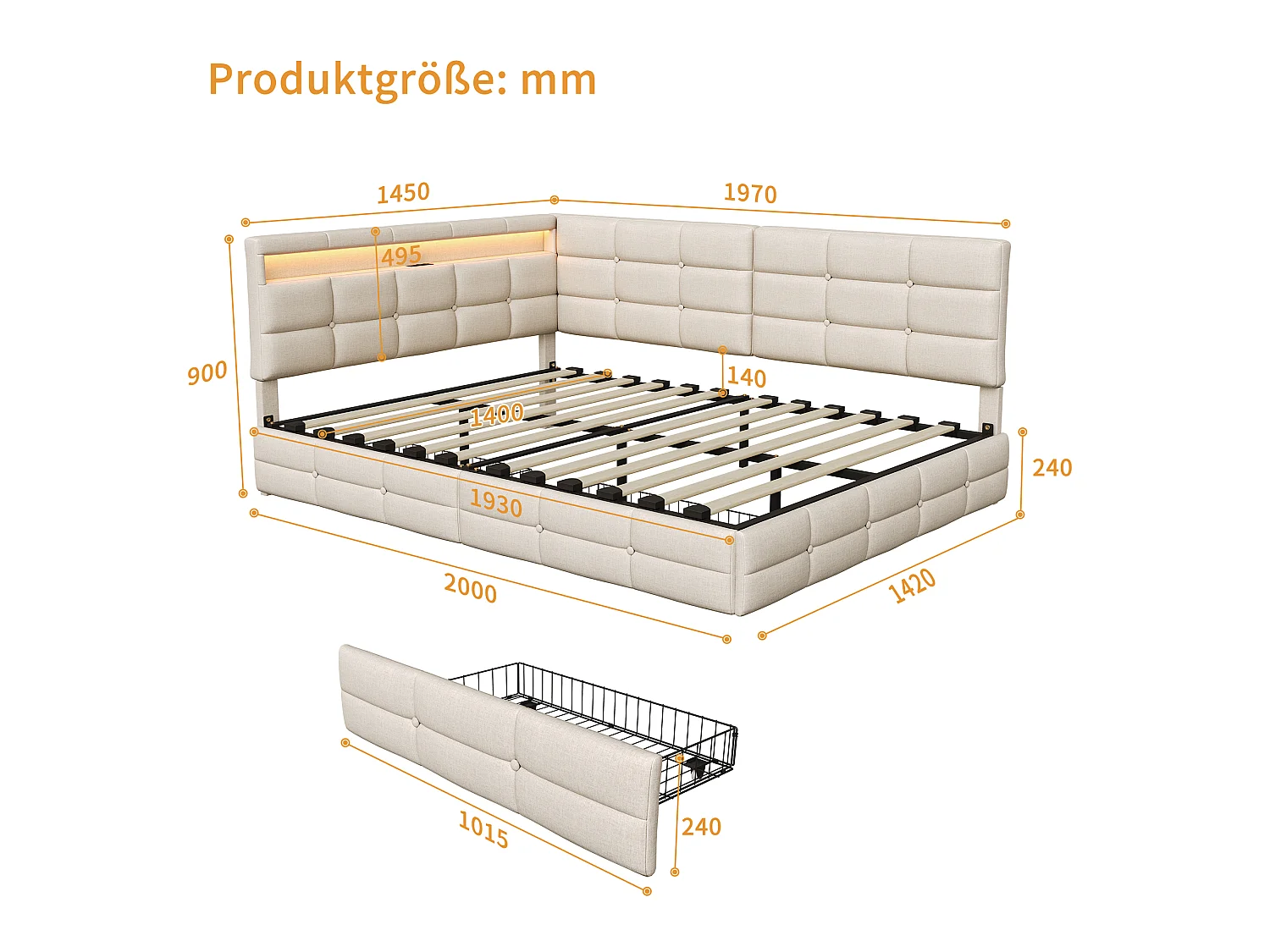 Canapé Lit Coffre 140 x 190 cm - Lit Double avec Éclairage LED, Port USB Type-C et 2 Tiroirs, Tête de Lit avec Rangement Intégré, Lin Beige