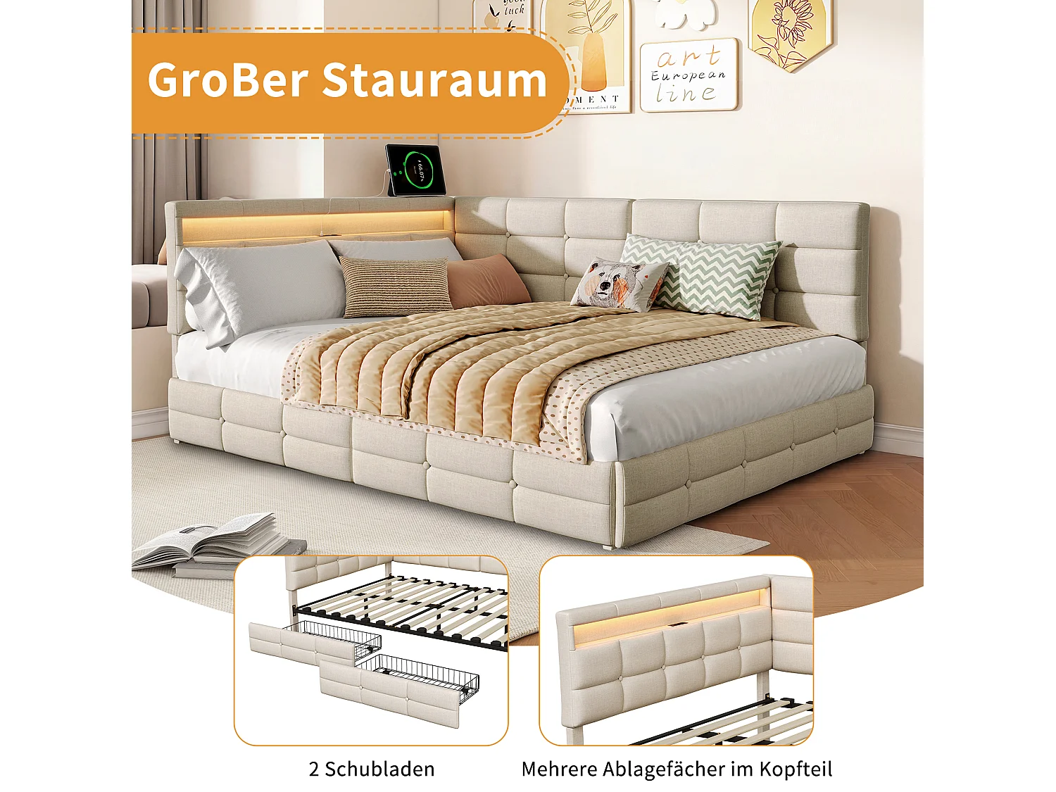 Canapé Lit Coffre 140 x 190 cm - Lit Double avec Éclairage LED, Port USB Type-C et 2 Tiroirs, Tête de Lit avec Rangement Intégré, Lin Beige