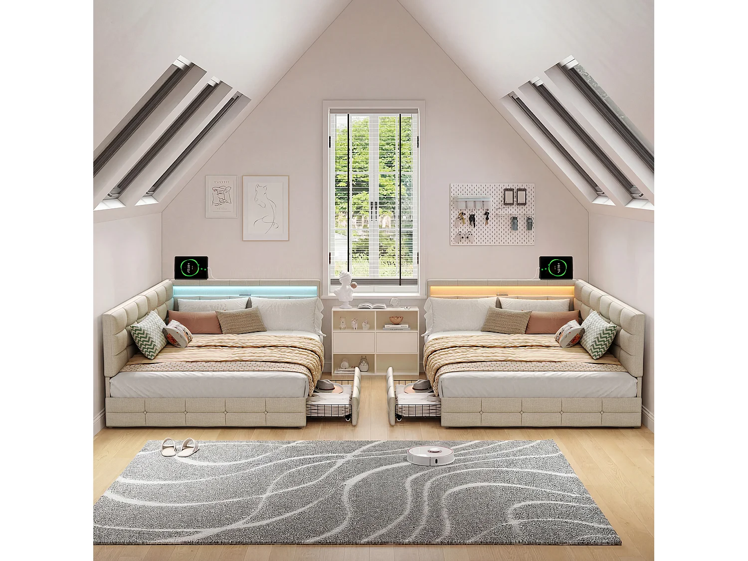 Canapé Lit Coffre 140 x 190 cm - Lit Double avec Éclairage LED, Port USB Type-C et 2 Tiroirs, Tête de Lit avec Rangement Intégré, Lin Beige