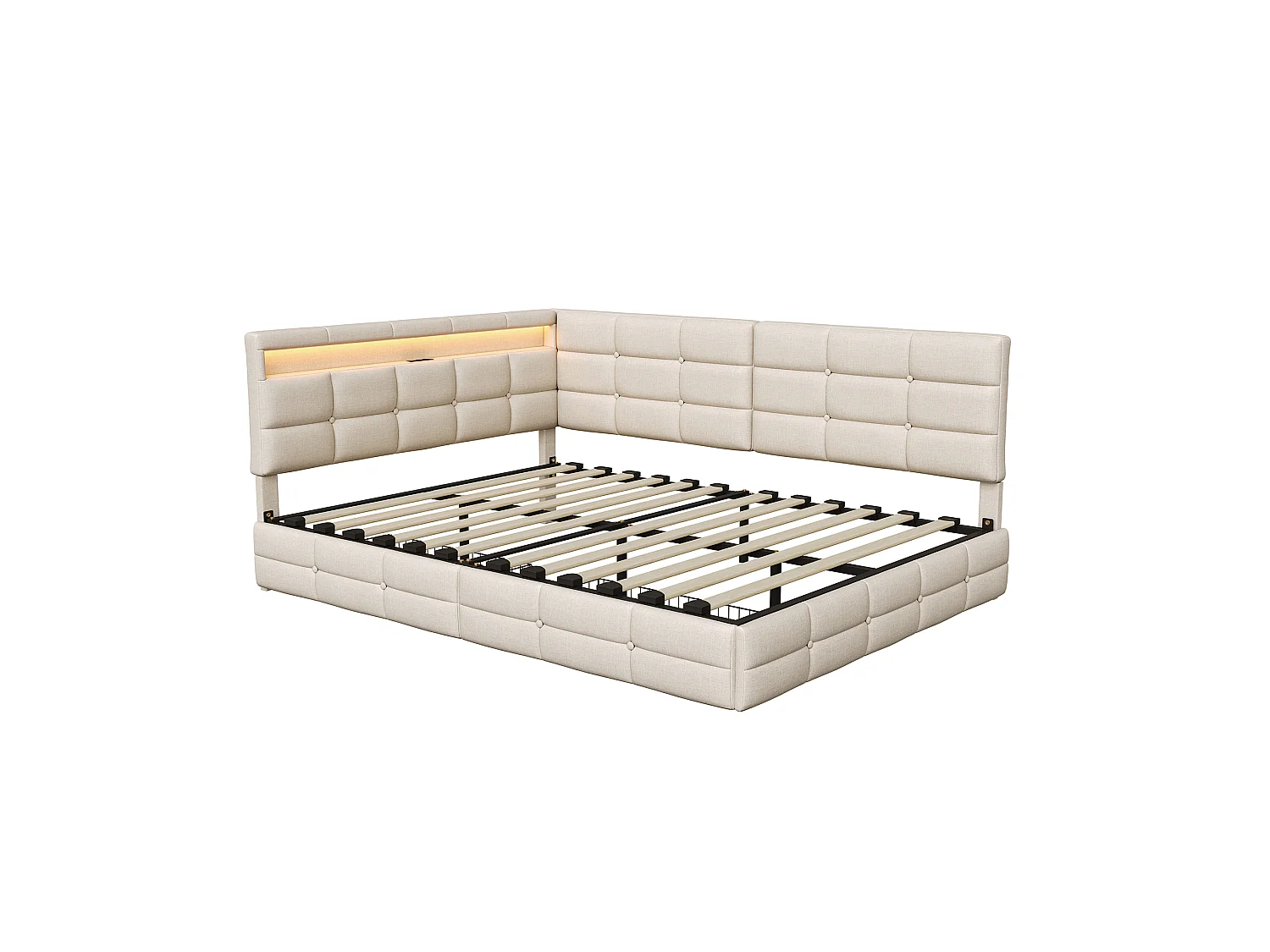Canapé Lit Coffre 140 x 190 cm - Lit Double avec Éclairage LED, Port USB Type-C et 2 Tiroirs, Tête de Lit avec Rangement Intégré, Lin Beige