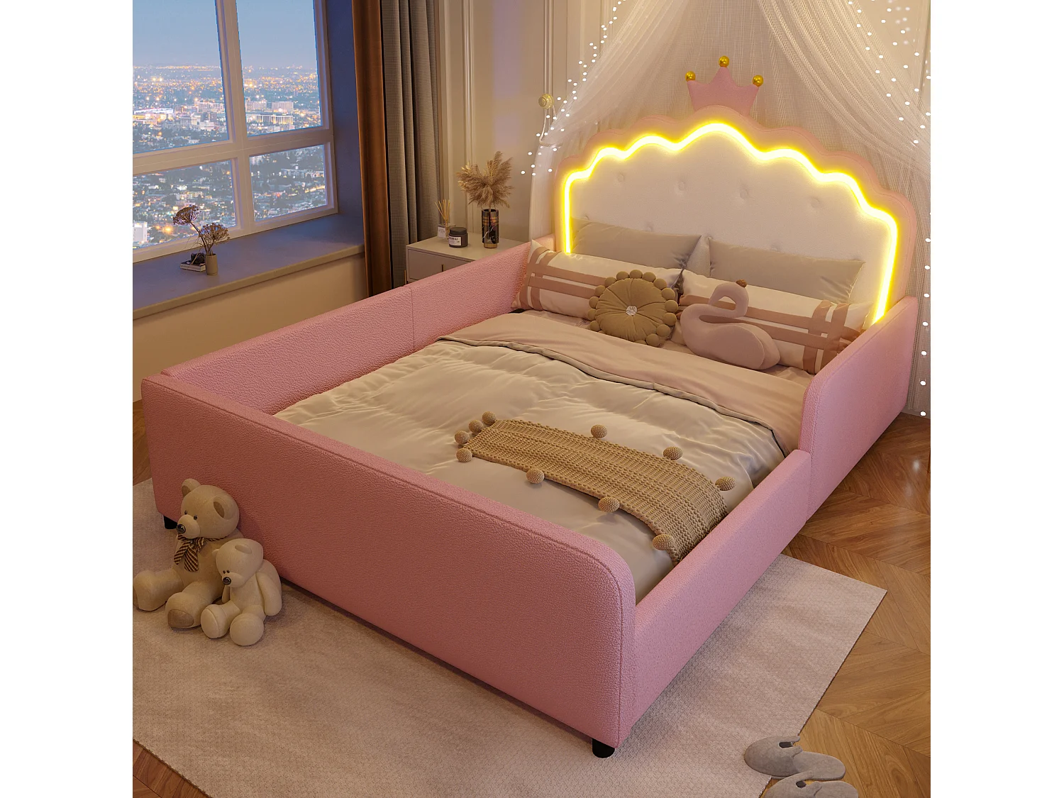 Lit capitonné 140 x 190 cm en forme de couronne avec LED et barrières de sécurité – PU et MDF – Rose (Sans matelas)