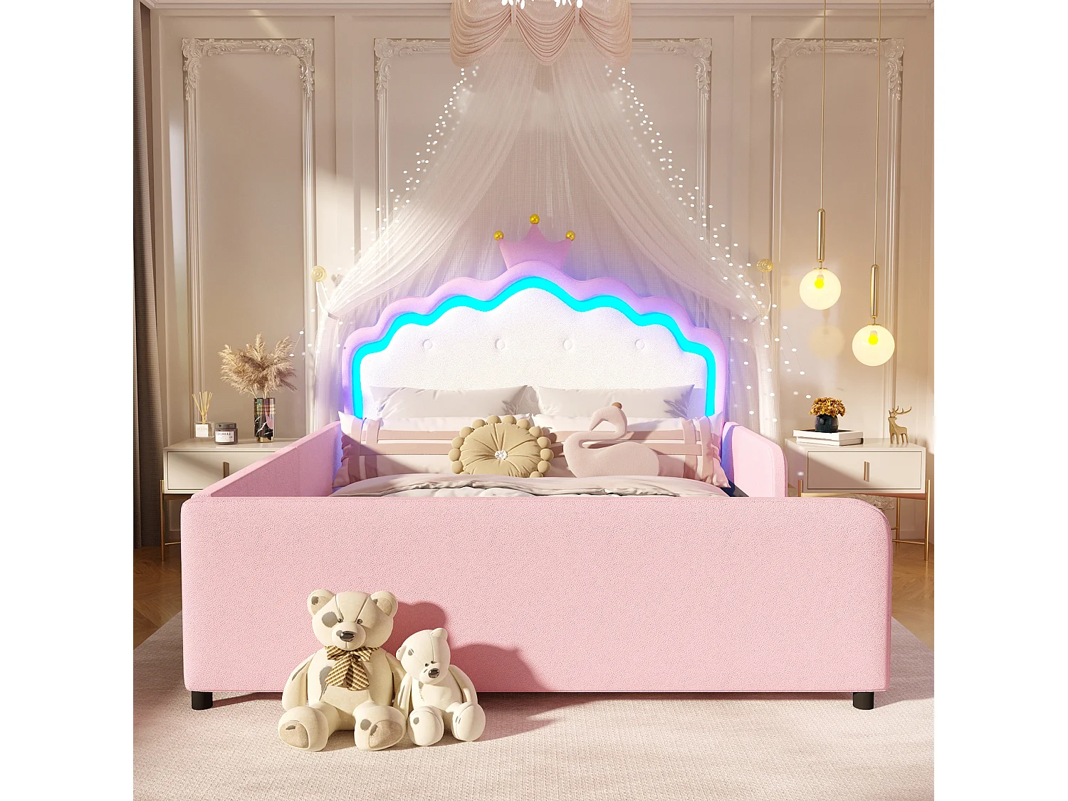 Lit capitonné 140 x 190 cm en forme de couronne avec LED et barrières de sécurité – PU et MDF – Rose (Sans matelas)
