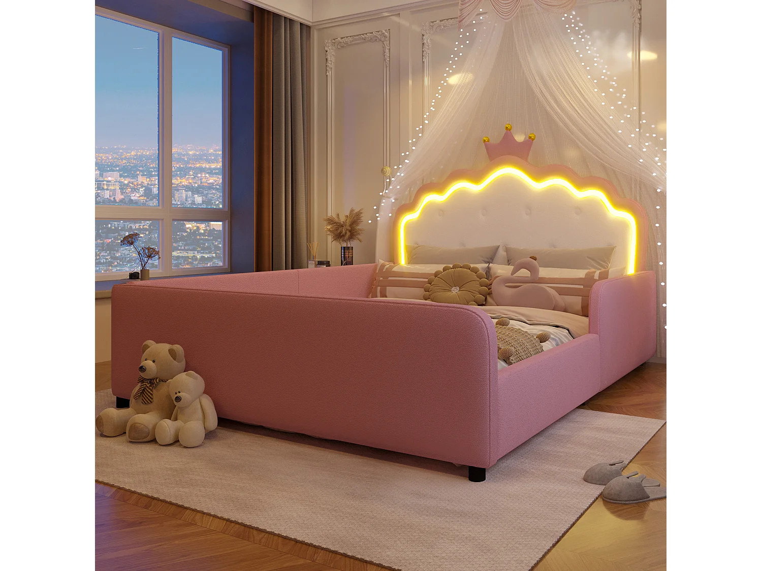 Lit capitonné 140 x 190 cm en forme de couronne avec LED et barrières de sécurité – PU et MDF – Rose (Sans matelas)