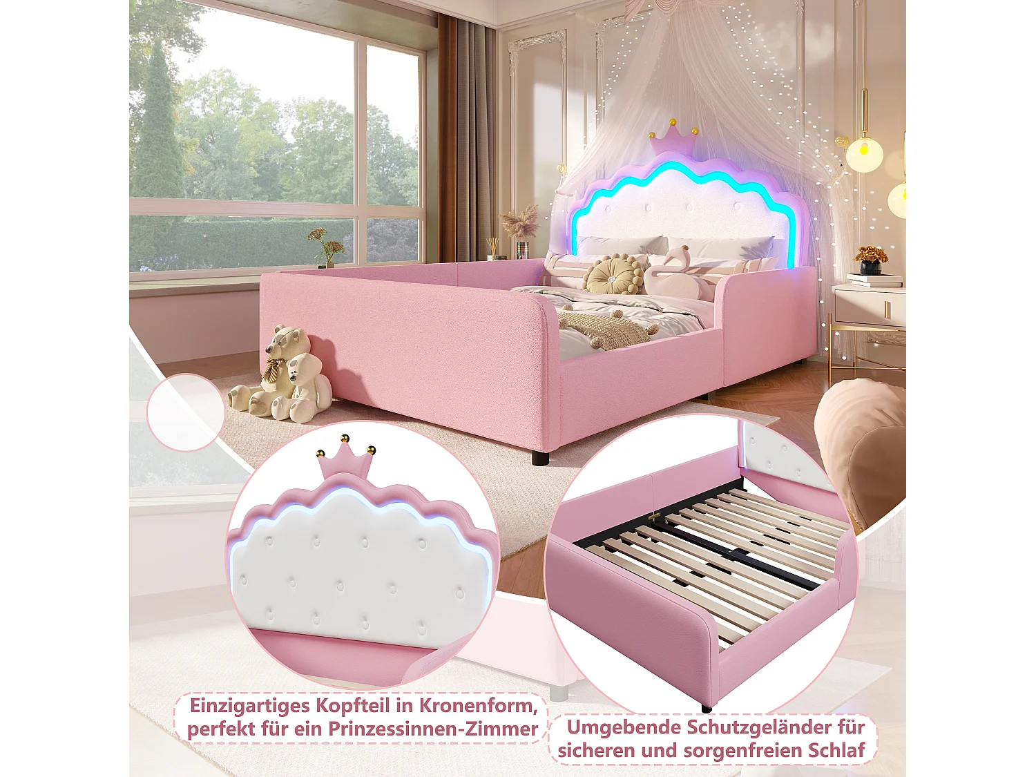 Lit capitonné 140 x 190 cm en forme de couronne avec LED et barrières de sécurité – PU et MDF – Rose (Sans matelas)