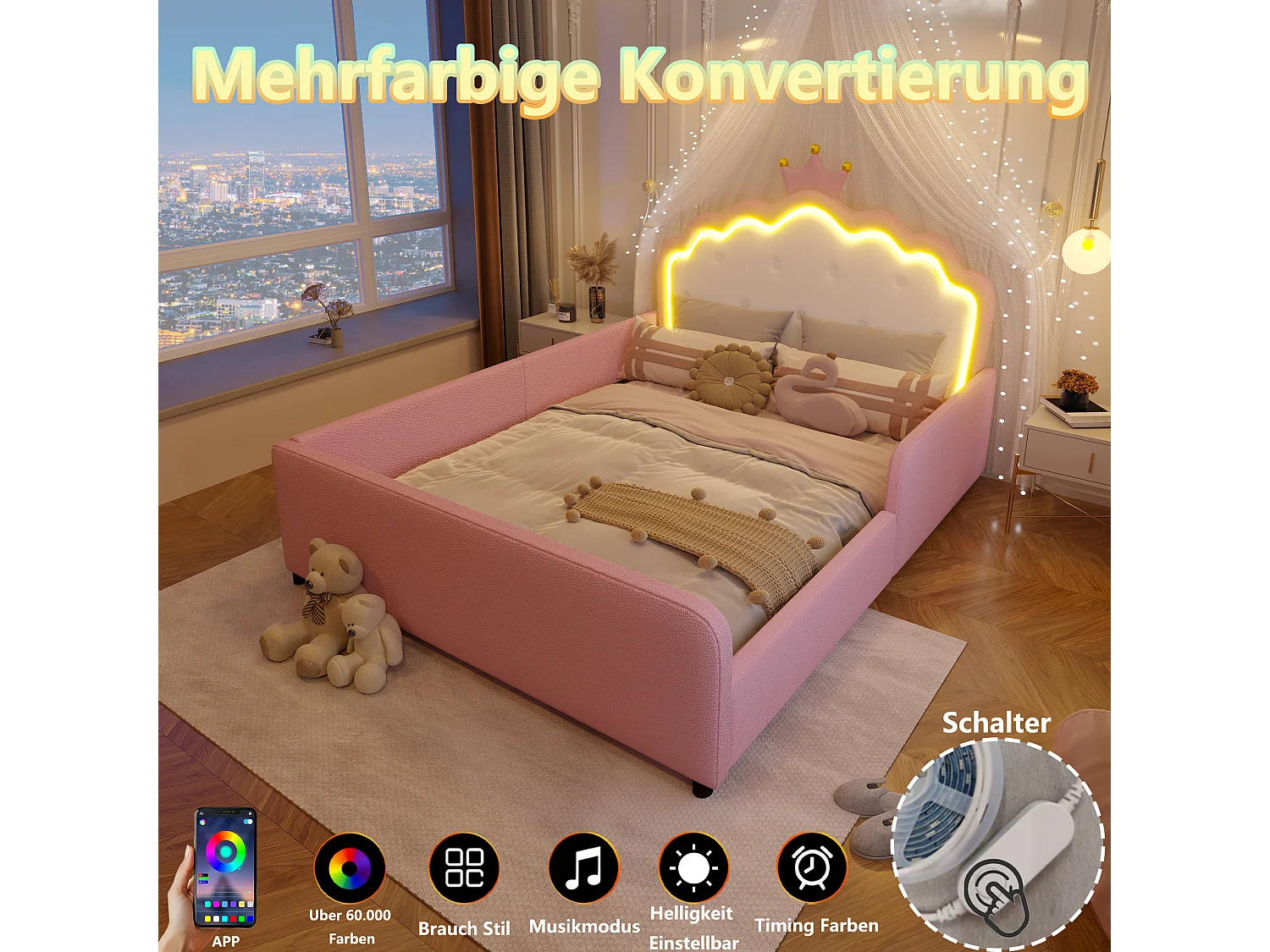Lit capitonné 140 x 190 cm en forme de couronne avec LED et barrières de sécurité – PU et MDF – Rose (Sans matelas)