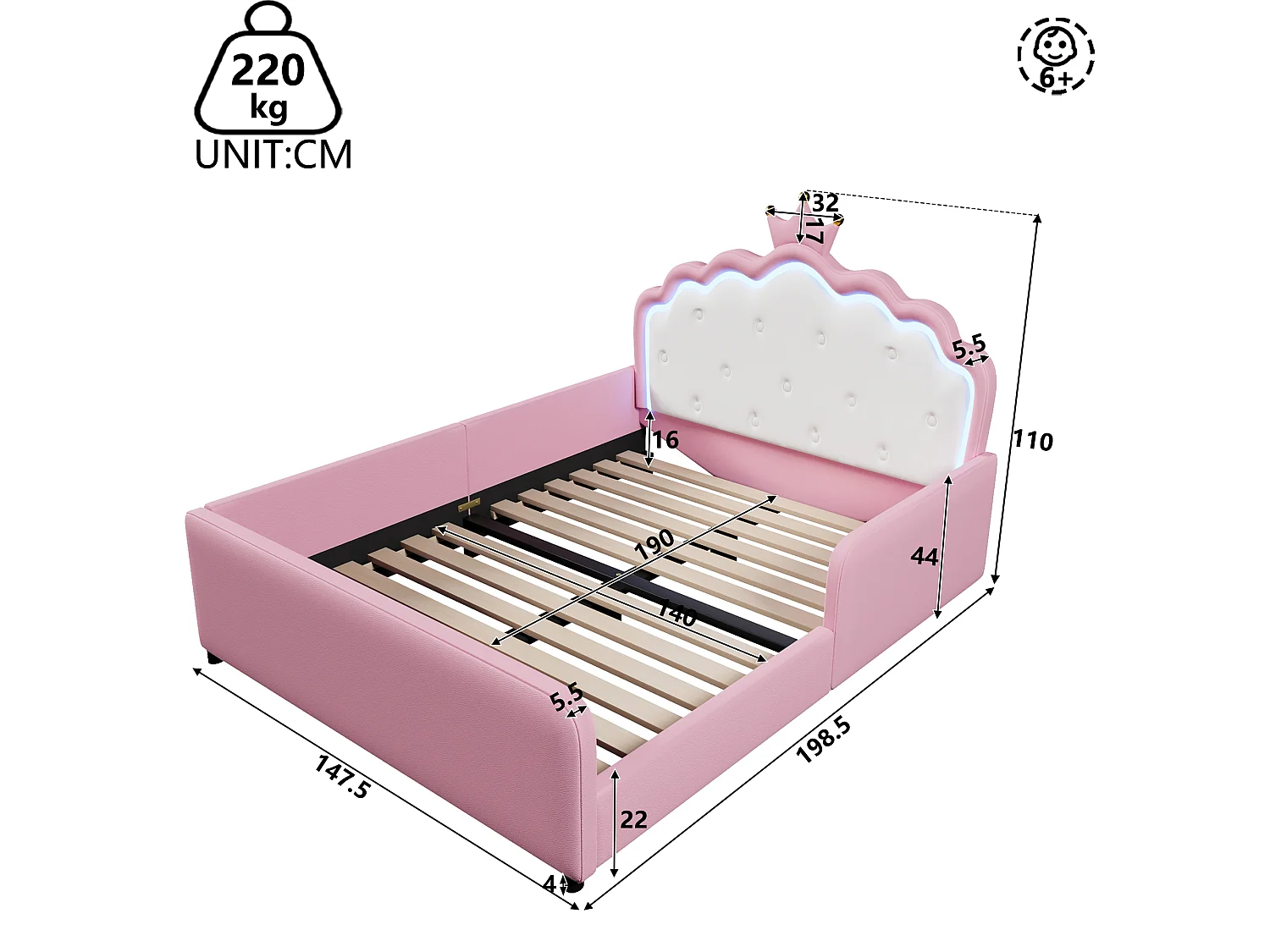 Lit capitonné 140 x 190 cm en forme de couronne avec LED et barrières de sécurité – PU et MDF – Rose (Sans matelas)