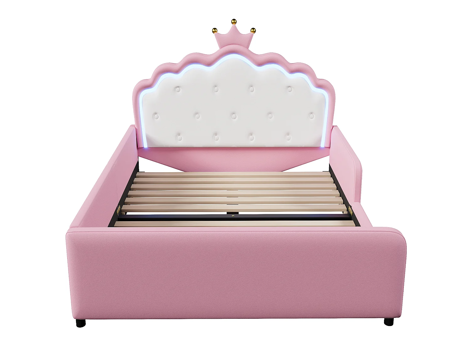 Lit capitonné 140 x 190 cm en forme de couronne avec LED et barrières de sécurité – PU et MDF – Rose (Sans matelas)