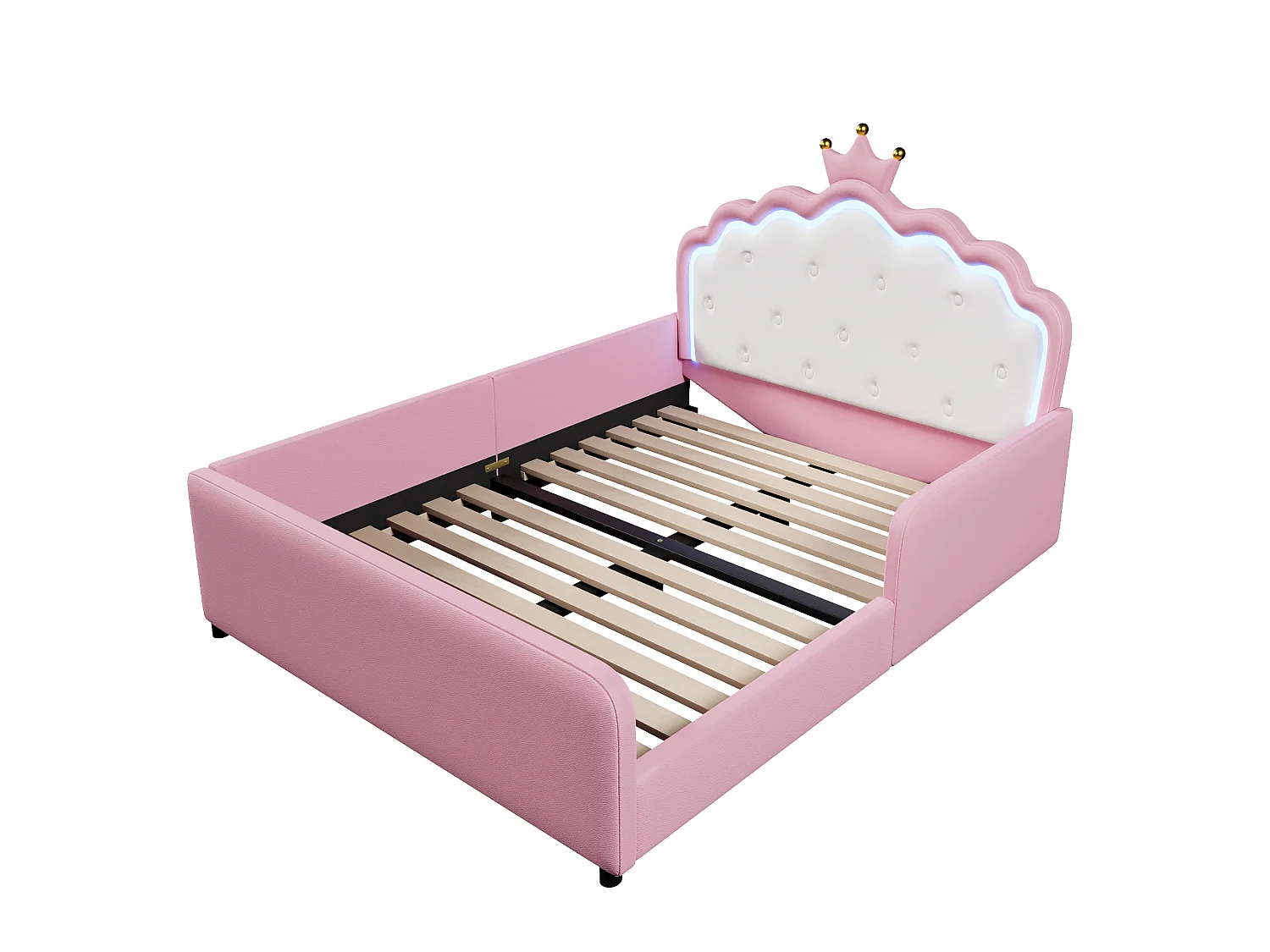 Lit capitonné 140 x 190 cm en forme de couronne avec LED et barrières de sécurité – PU et MDF – Rose (Sans matelas)