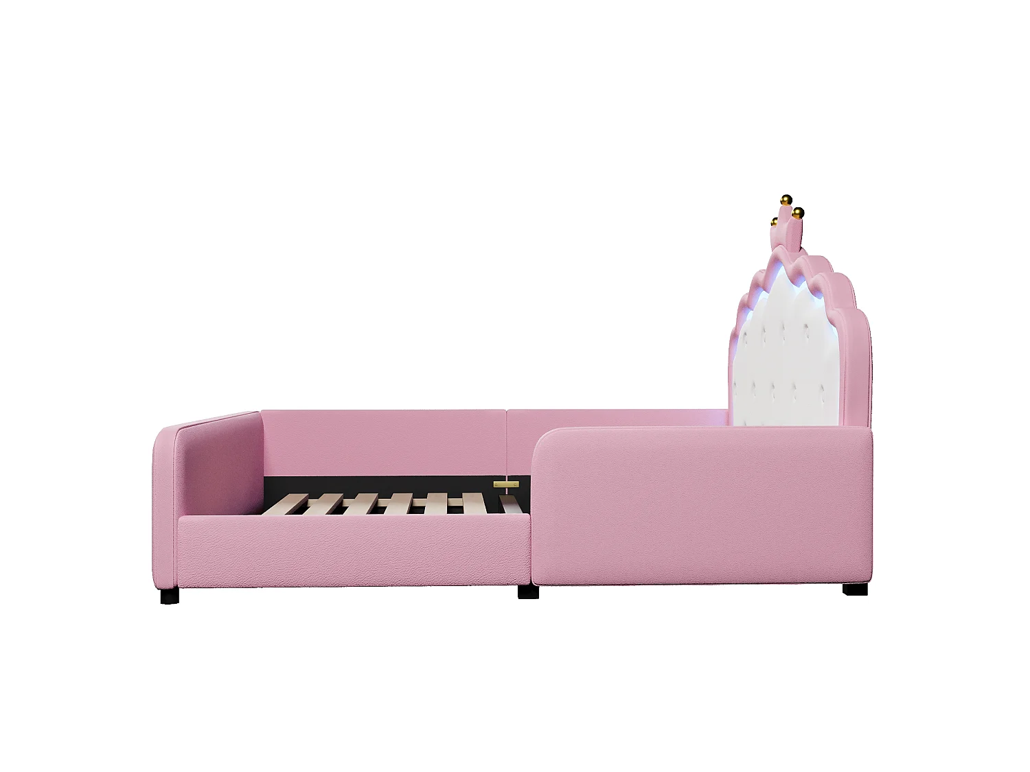 Lit capitonné 140 x 190 cm en forme de couronne avec LED et barrières de sécurité – PU et MDF – Rose (Sans matelas)