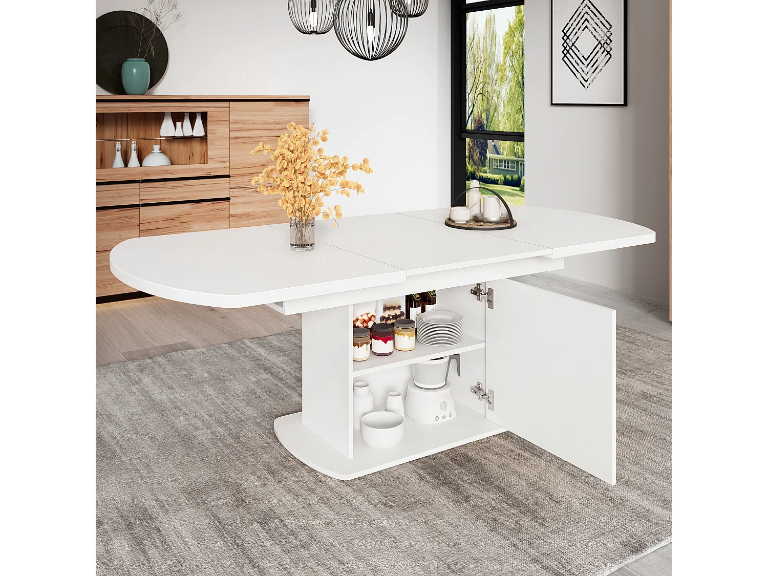 Table à manger extensible 200 x 80 cm pour 4 à 6 couverts avec 1 porte - Panneaux de particules - Blanc