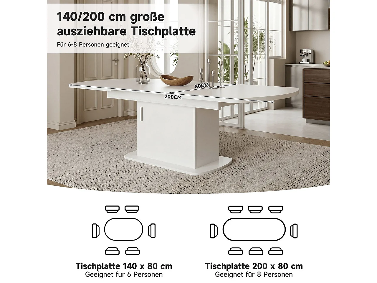 Table à manger extensible 200 x 80 cm pour 4 à 6 couverts avec 1 porte - Panneaux de particules - Blanc