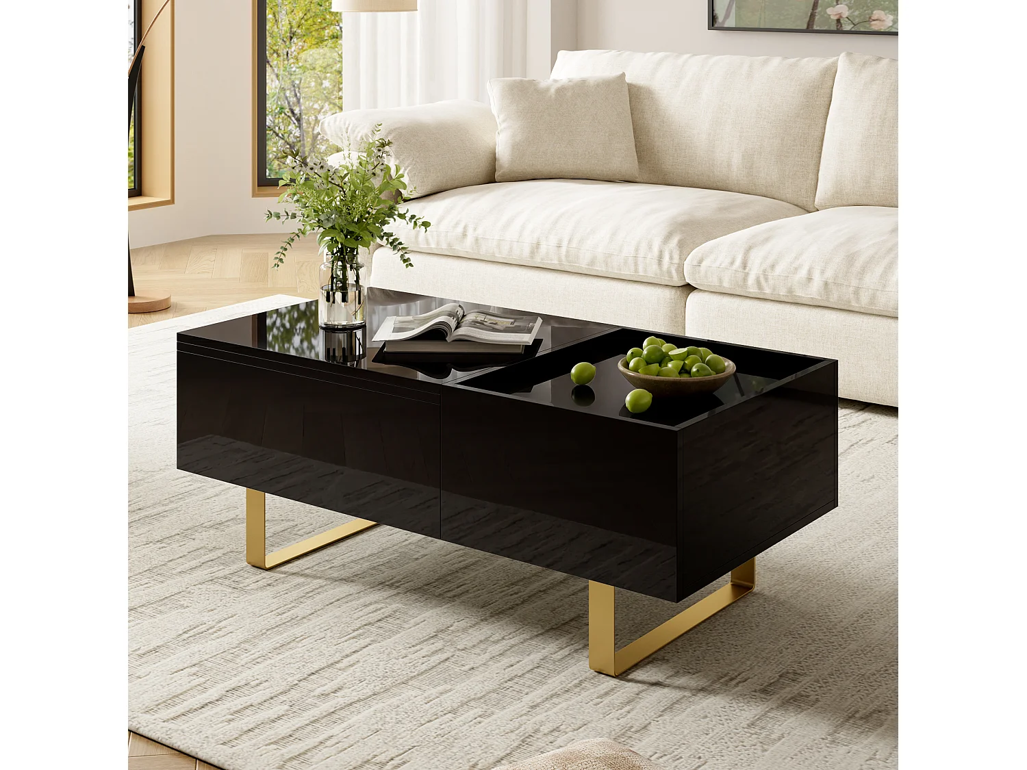 Table basse relevable avec rangement intégré, 1 tiroir et plateau réglable en hauteur - MDF - 100 x 50 x 54,5 cm - Noir