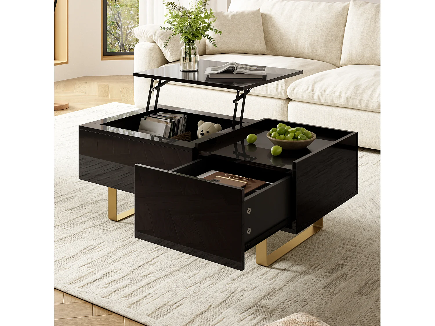 Table basse relevable avec rangement intégré, 1 tiroir et plateau réglable en hauteur - MDF - 100 x 50 x 54,5 cm - Noir