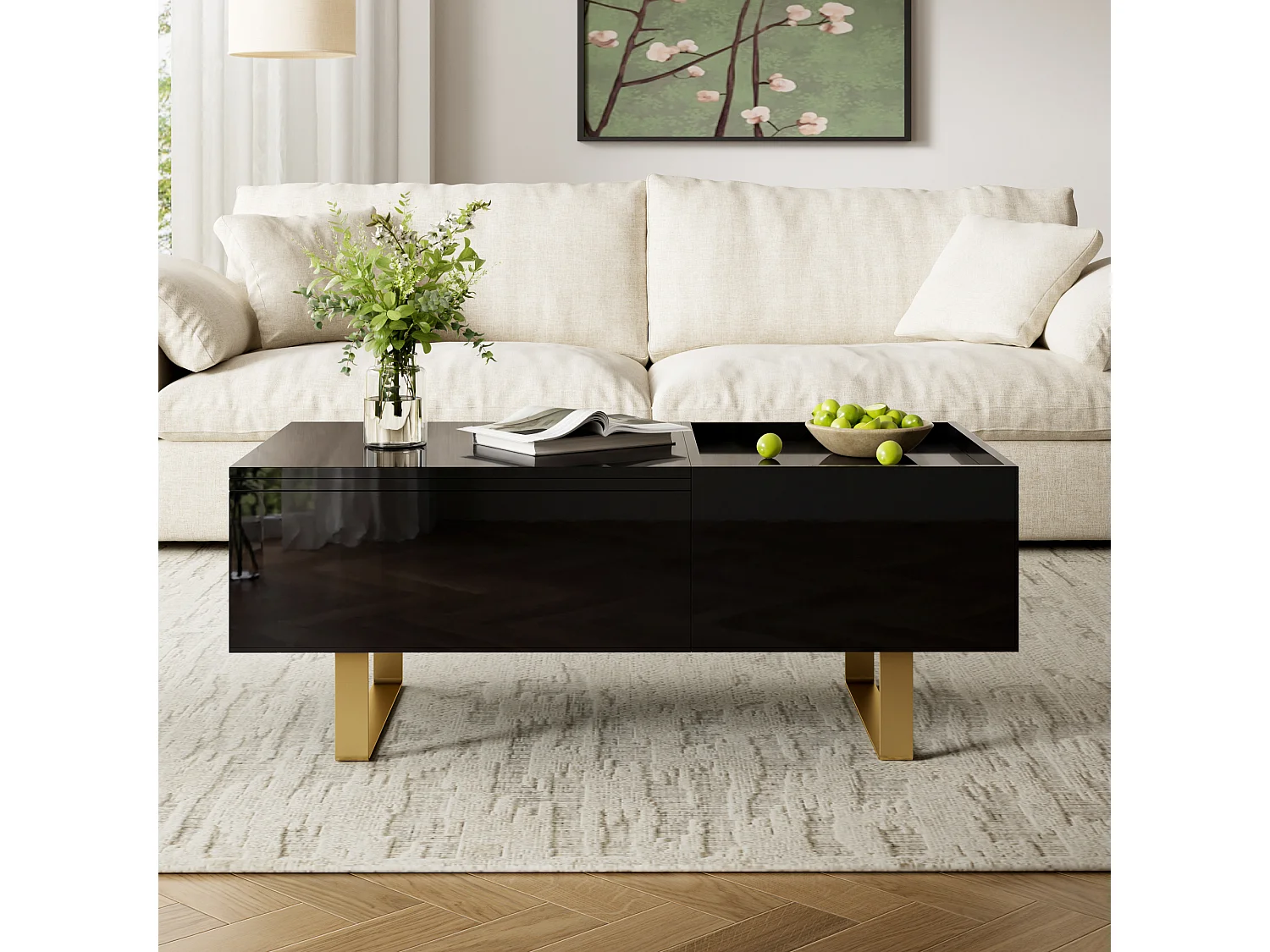 Table basse relevable avec rangement intégré, 1 tiroir et plateau réglable en hauteur - MDF - 100 x 50 x 54,5 cm - Noir