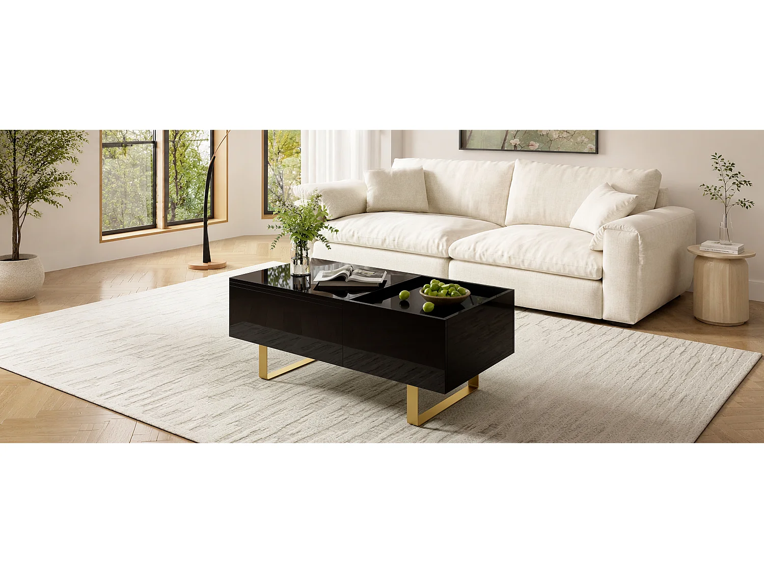 Table basse relevable avec rangement intégré, 1 tiroir et plateau réglable en hauteur - MDF - 100 x 50 x 54,5 cm - Noir