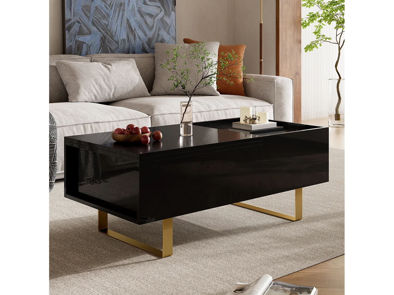 Table basse relevable avec rangement intégré, 1 tiroir et plateau réglable en hauteur - MDF - 100 x 50 x 54,5 cm - Noir