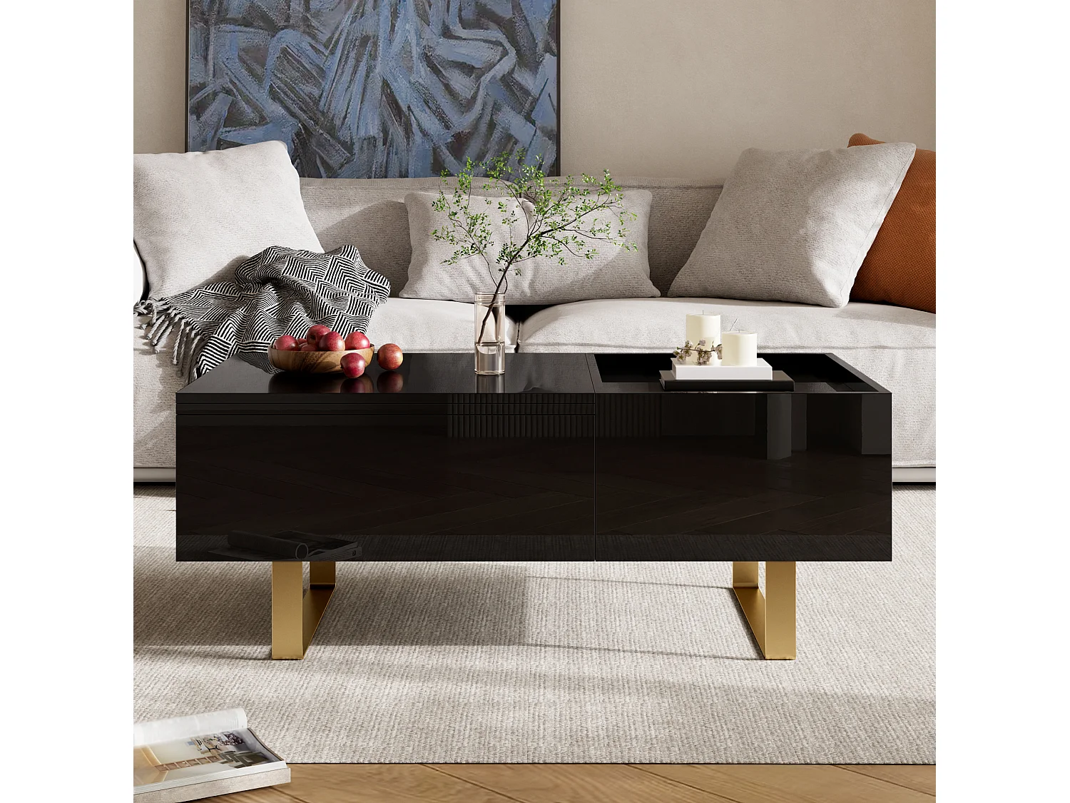 Table basse relevable avec rangement intégré, 1 tiroir et plateau réglable en hauteur - MDF - 100 x 50 x 54,5 cm - Noir