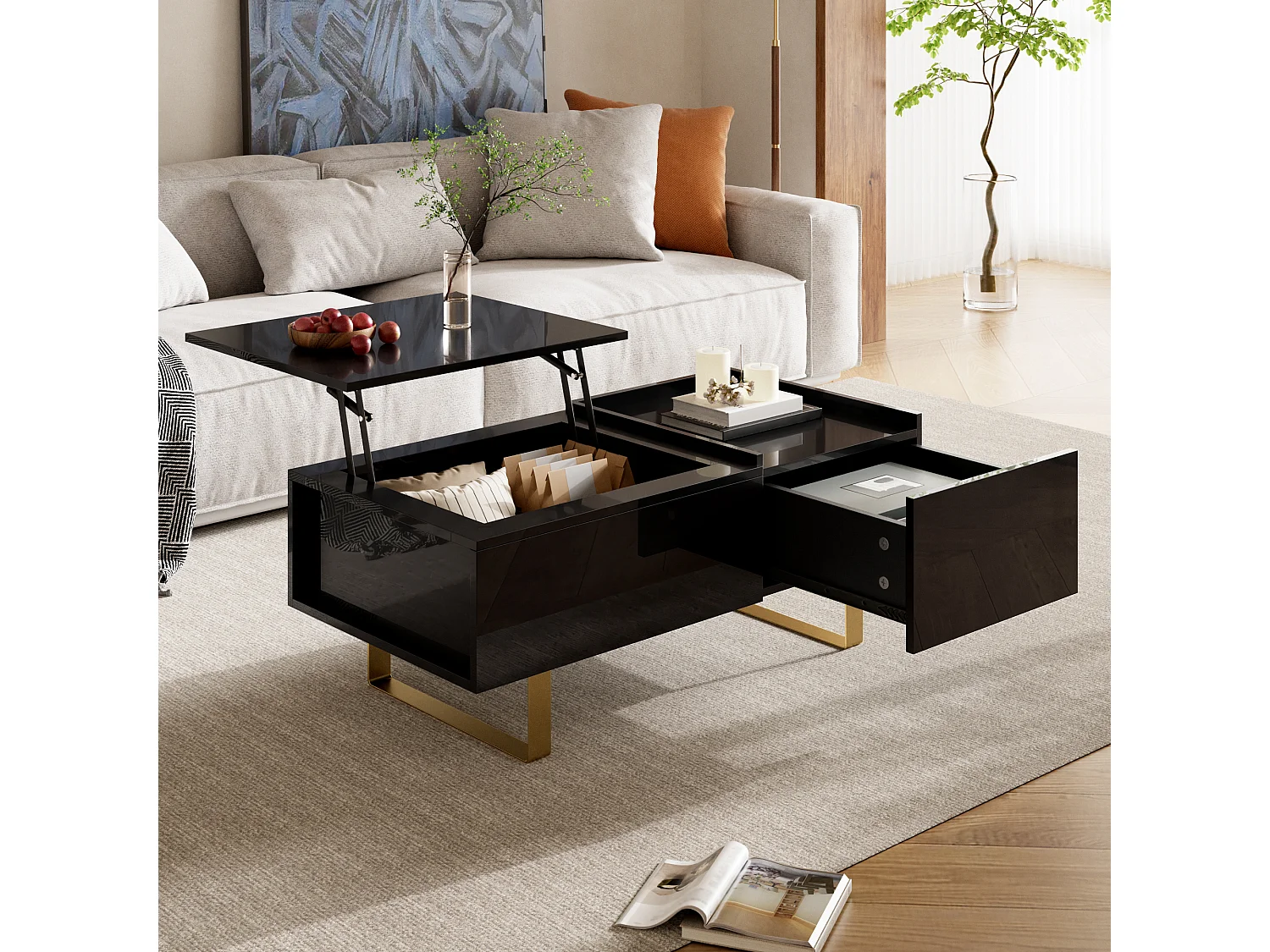 Table basse relevable avec rangement intégré, 1 tiroir et plateau réglable en hauteur - MDF - 100 x 50 x 54,5 cm - Noir