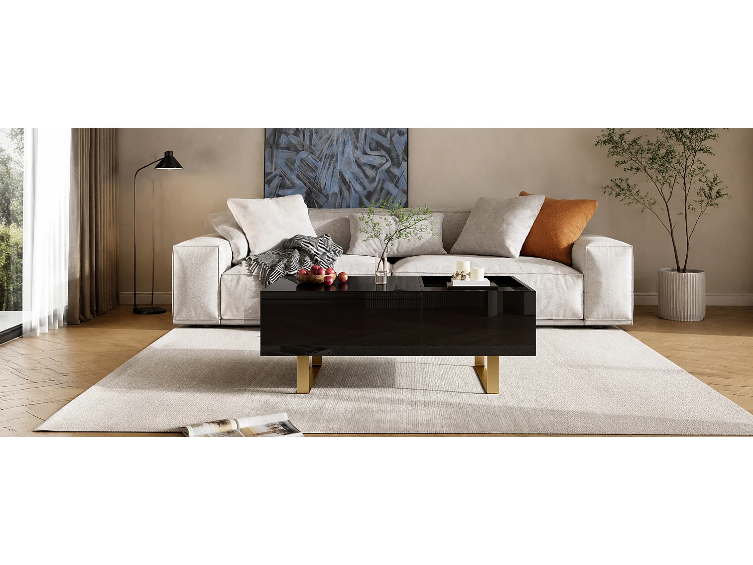 Table basse relevable avec rangement intégré, 1 tiroir et plateau réglable en hauteur - MDF - 100 x 50 x 54,5 cm - Noir
