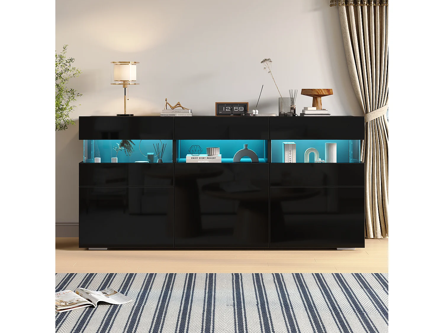 Buffet 3 portes avec 7 espaces de rangement et portes en acrylique -  LED - Panneaux de particules - 140 × 40,5 × 66,5 cm - Noir