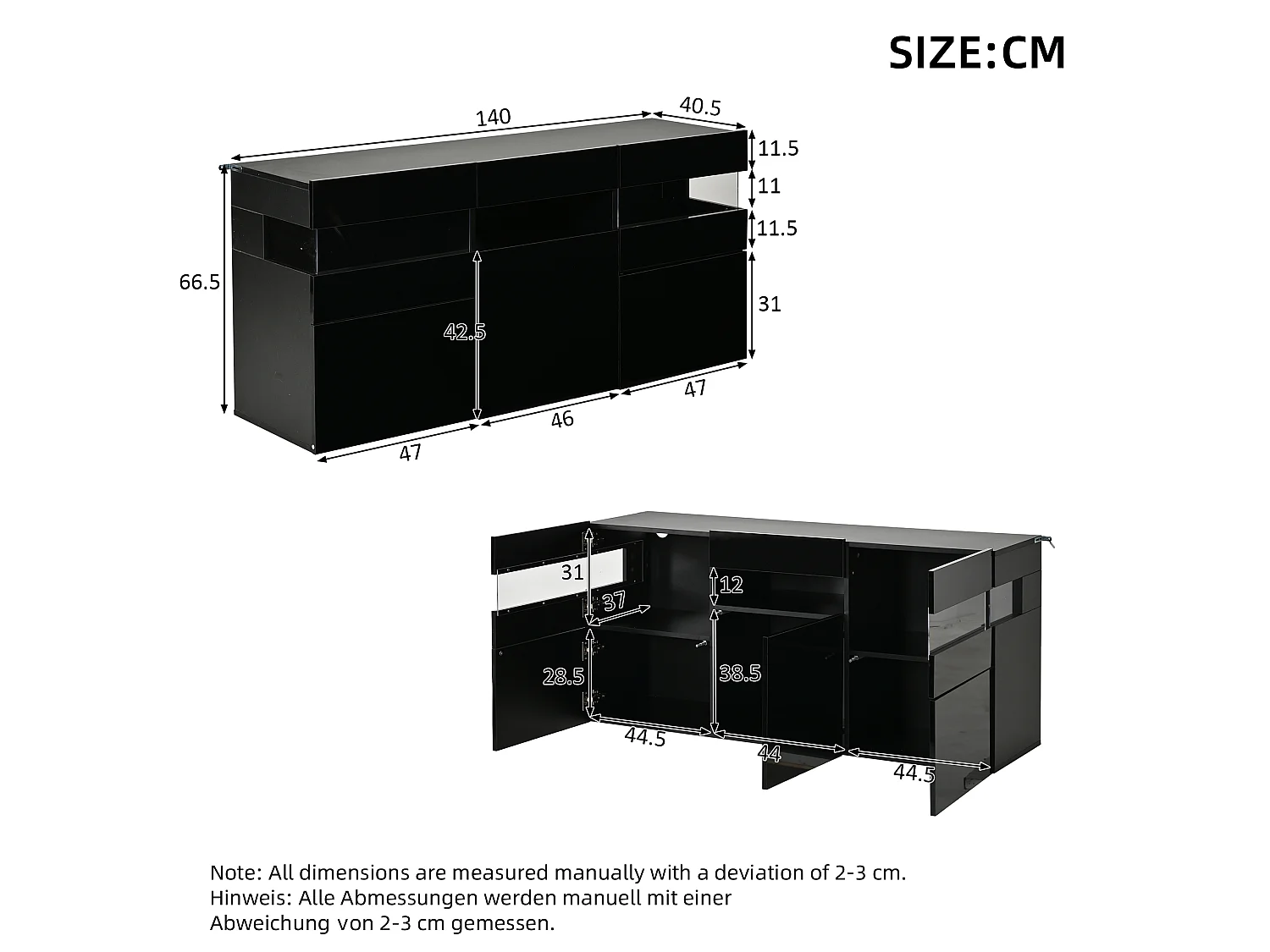 Buffet 3 portes avec 7 espaces de rangement et portes en acrylique -  LED - Panneaux de particules - 140 × 40,5 × 66,5 cm - Noir