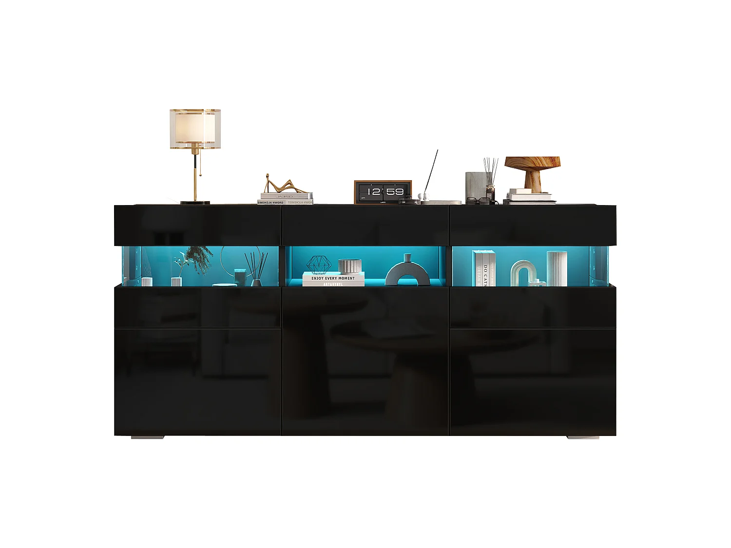 Buffet 3 portes avec 7 espaces de rangement et portes en acrylique -  LED - Panneaux de particules - 140 × 40,5 × 66,5 cm - Noir