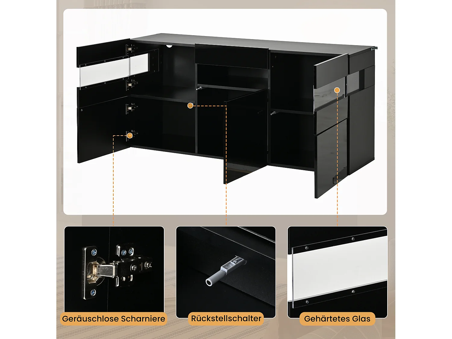 Buffet 3 portes avec 7 espaces de rangement et portes en acrylique -  LED - Panneaux de particules - 140 × 40,5 × 66,5 cm - Noir