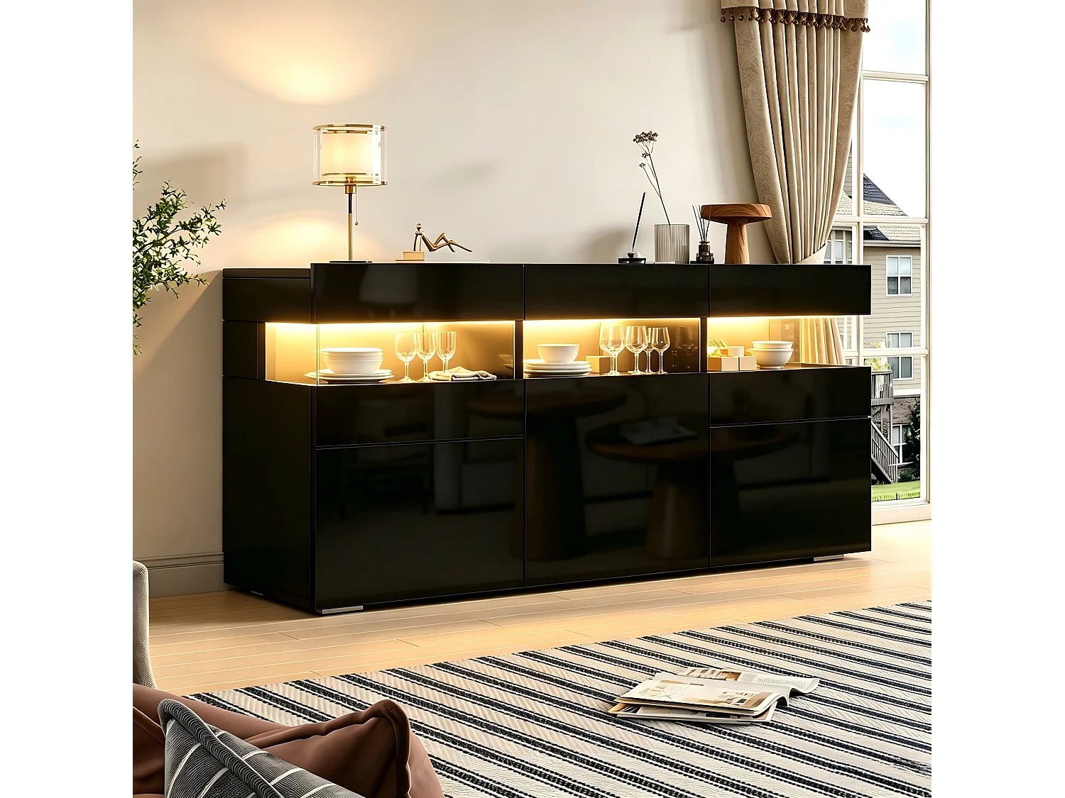 Buffet 3 portes avec 7 espaces de rangement et portes en acrylique -  LED - Panneaux de particules - 140 × 40,5 × 66,5 cm - Noir
