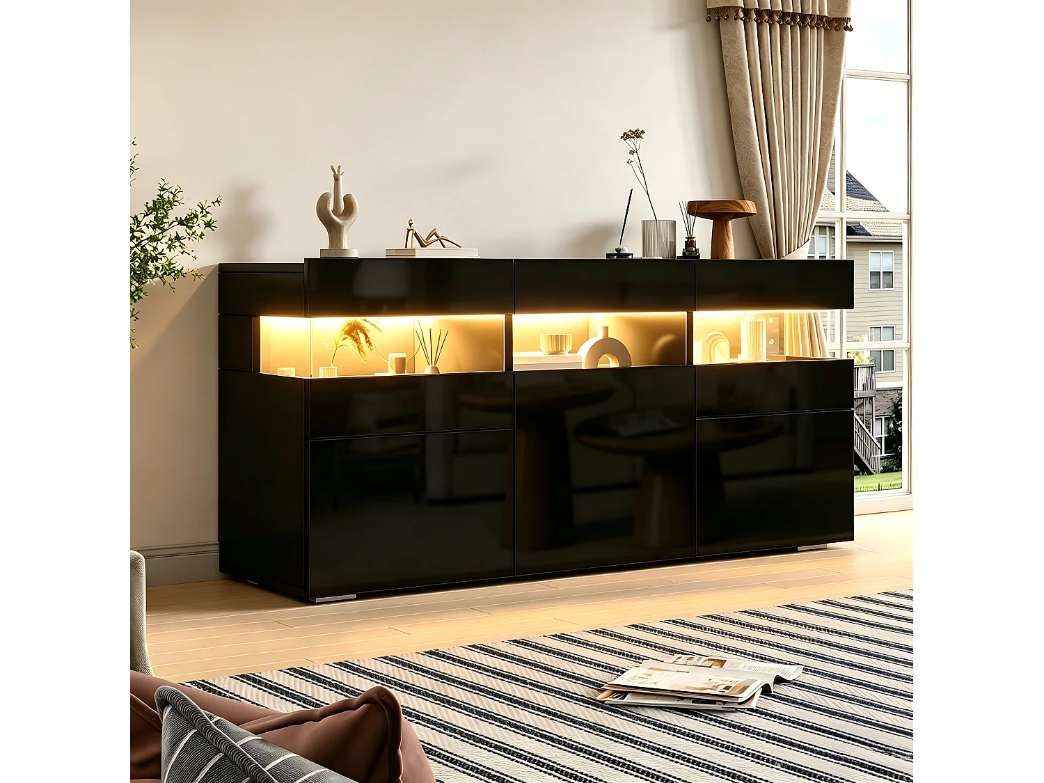 Buffet 3 portes avec 7 espaces de rangement et portes en acrylique -  LED - Panneaux de particules - 140 × 40,5 × 66,5 cm - Noir