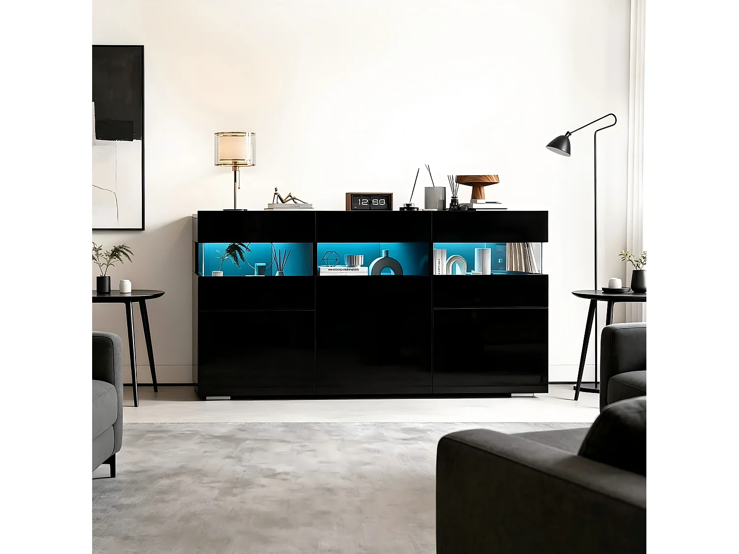 Buffet 3 portes avec 7 espaces de rangement et portes en acrylique -  LED - Panneaux de particules - 140 × 40,5 × 66,5 cm - Noir