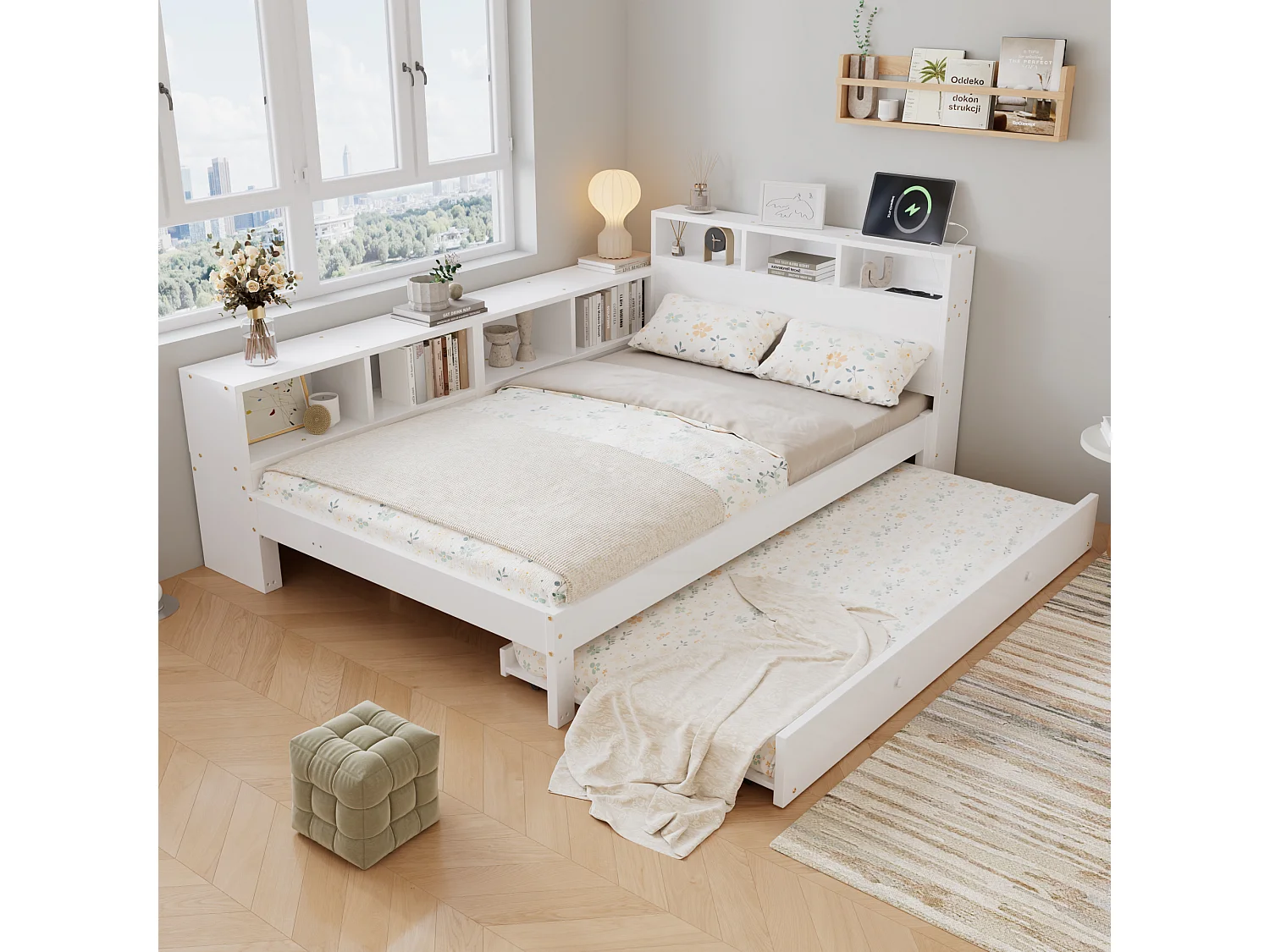 Lit gigogne 120 x 200 cm + 90 x 190 cm avec étagère latérale et station de recharge – Pin + MDF – Blanc (Sans matelas)