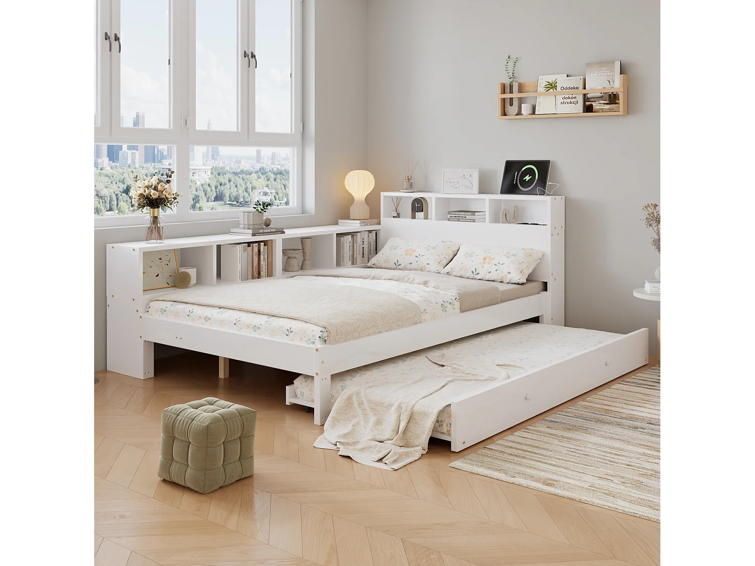 Lit gigogne 120 x 200 cm + 90 x 190 cm avec étagère latérale et station de recharge – Pin + MDF – Blanc (Sans matelas)