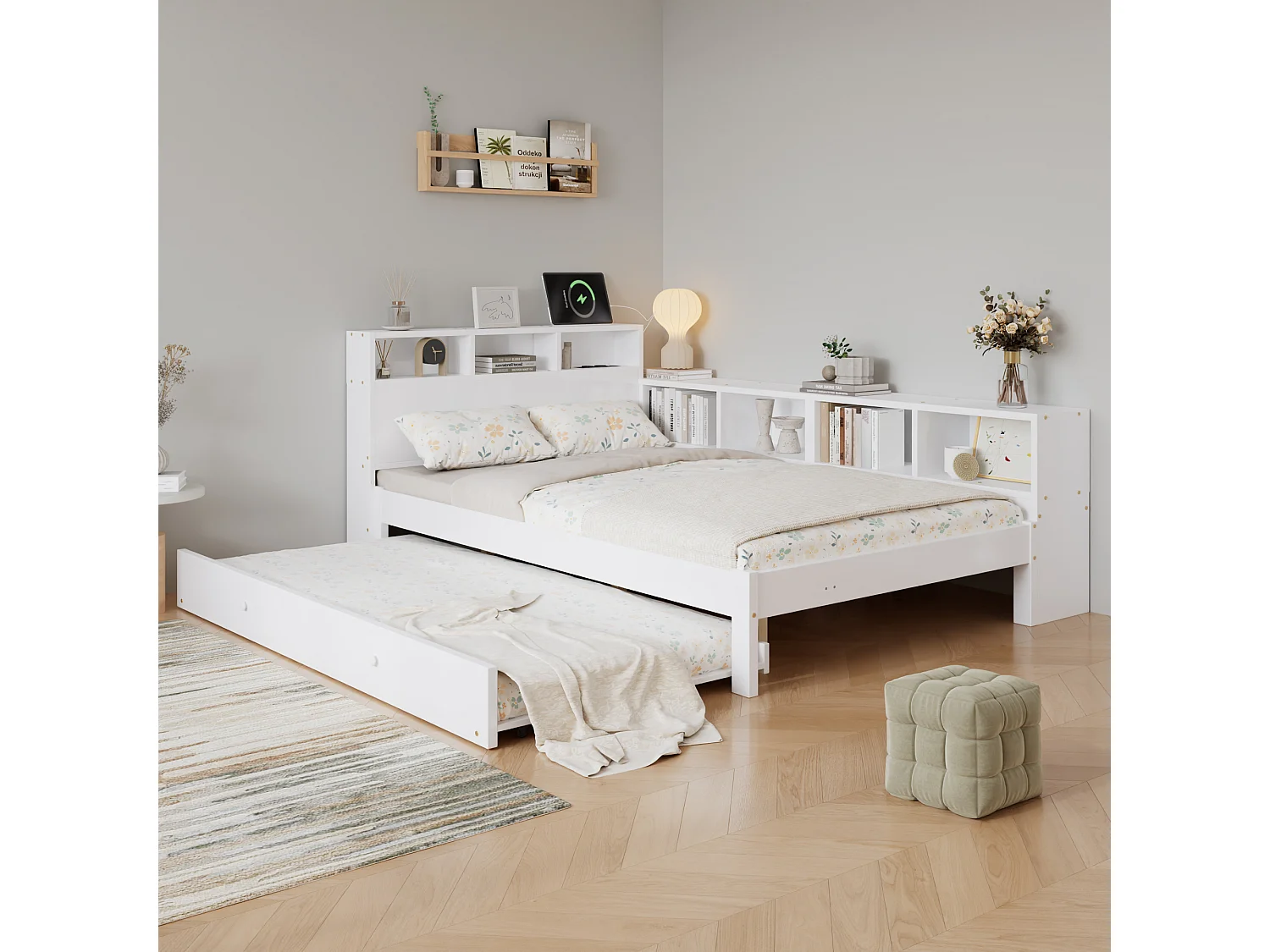 Lit gigogne 120 x 200 cm + 90 x 190 cm avec étagère latérale et station de recharge – Pin + MDF – Blanc (Sans matelas)
