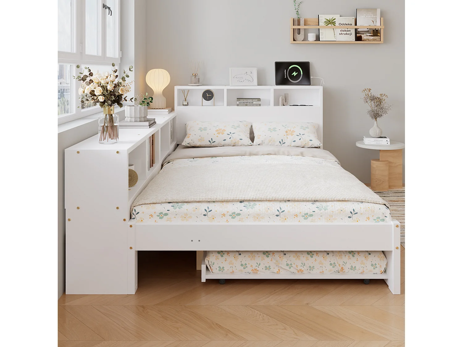 Lit gigogne 120 x 200 cm + 90 x 190 cm avec étagère latérale et station de recharge – Pin + MDF – Blanc (Sans matelas)