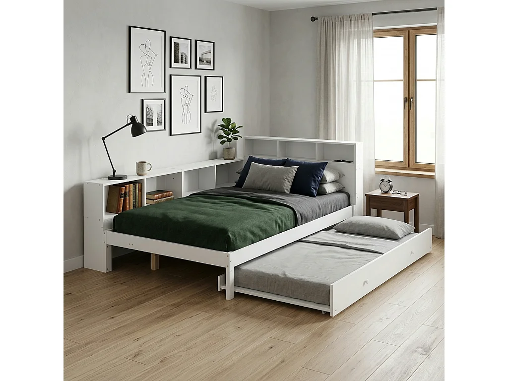 Lit gigogne 120 x 200 cm + 90 x 190 cm avec étagère latérale et station de recharge – Pin + MDF – Blanc (Sans matelas)