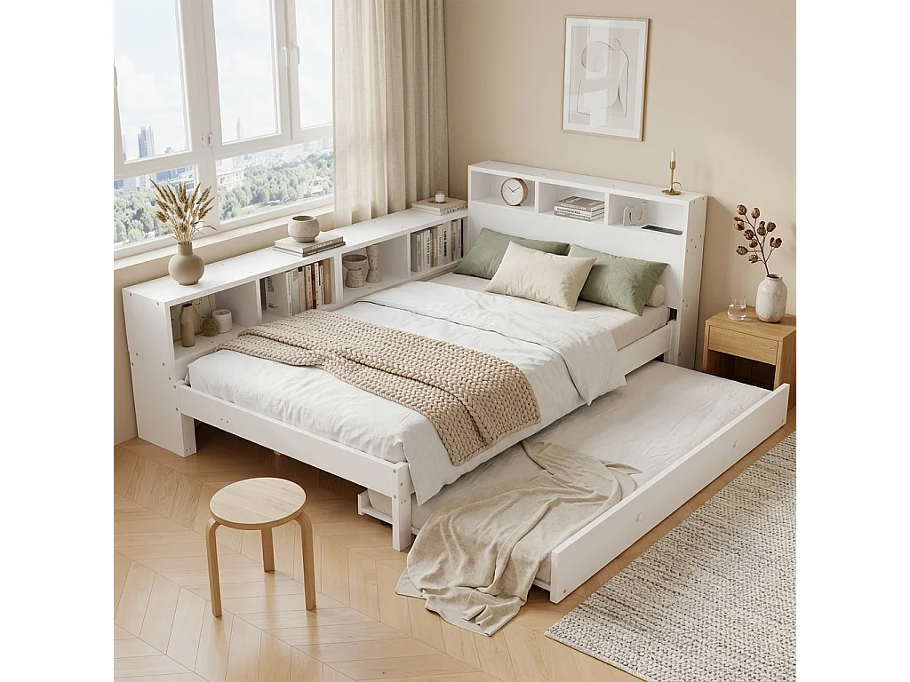 Lit gigogne 120 x 200 cm + 90 x 190 cm avec étagère latérale et station de recharge – Pin + MDF – Blanc (Sans matelas)