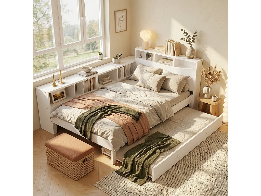 Lit gigogne 120 x 200 cm + 90 x 190 cm avec étagère latérale et station de recharge – Pin + MDF – Blanc (Sans matelas)
