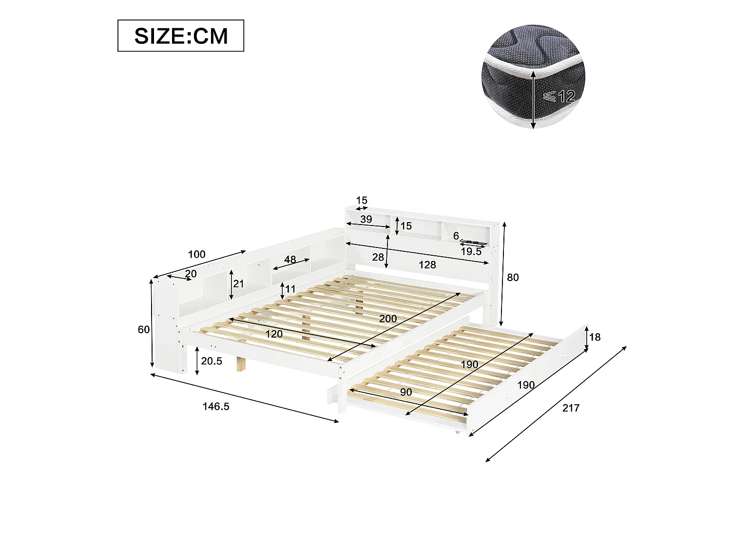 Lit gigogne 120 x 200 cm + 90 x 190 cm avec étagère latérale et station de recharge – Pin + MDF – Blanc (Sans matelas)